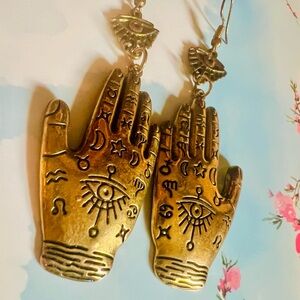 Gold Toned Hand Evil Eye Mystic Earrings
